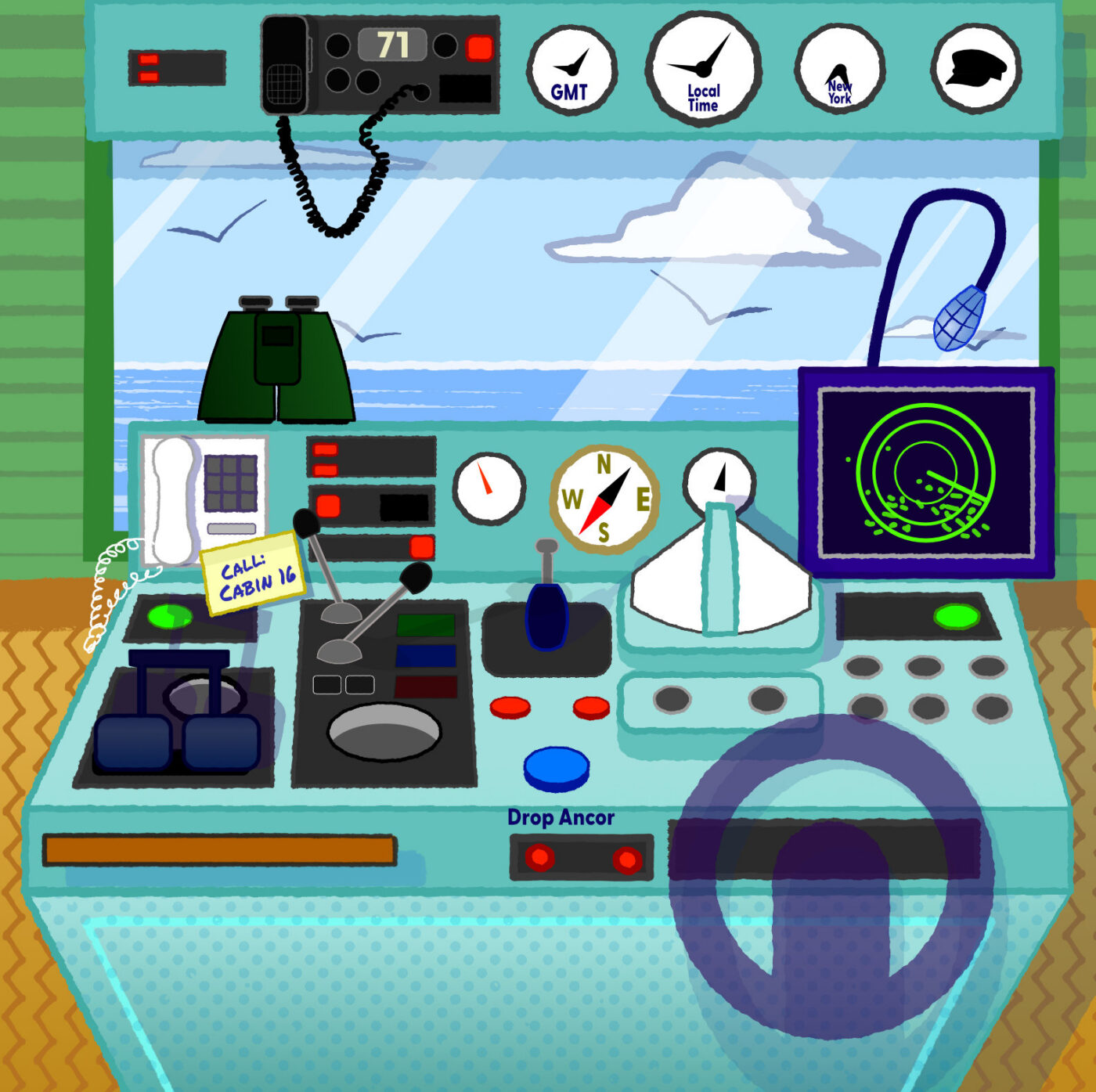Custom digital illustration of the ship bridge play panel featuring nautical steering dials and P&O livery.