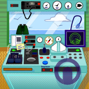 Custom digital illustration of the ship bridge play panel featuring nautical steering dials and P&O livery.