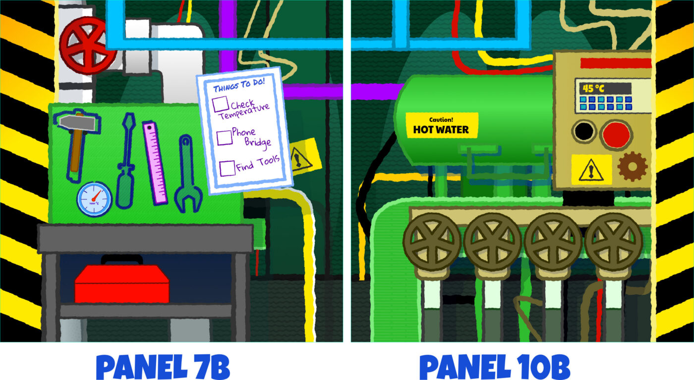 Bespoke graphic illustration panel showing interactive pipes, valves, and gauges for children's shipboard play.
