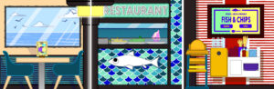 Hand-illustrated modular scenic flat artwork created by Fuzzy Lightbulb for the P&O Cruises role-play village. featuring the cruise lines restaurant