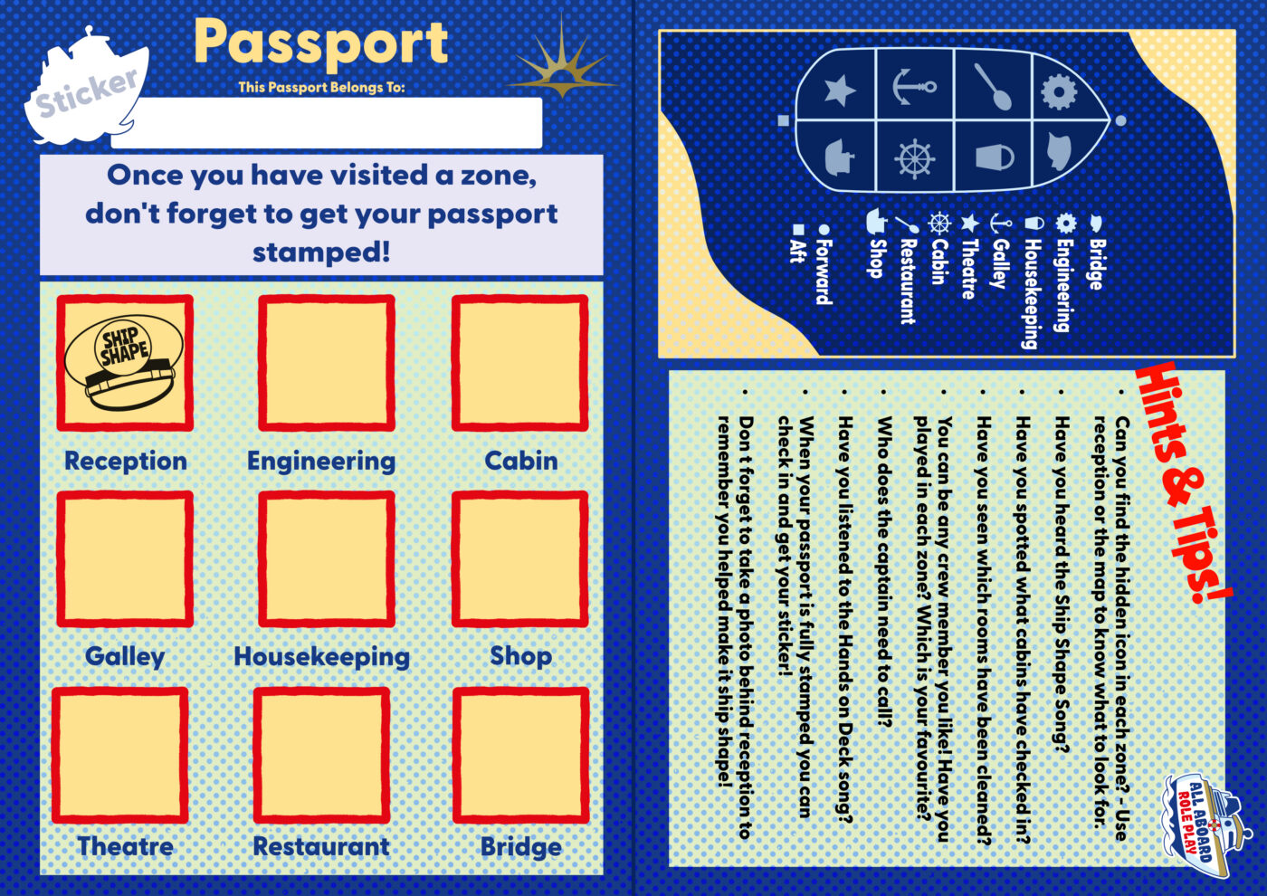 Bespoke children's cruise ship passports, stamps, and collectible stickers designed by Fuzzy Lightbulb for P&O Cruises.