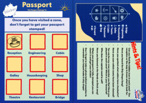 Bespoke children's cruise ship passports, stamps, and collectible stickers designed by Fuzzy Lightbulb for P&O Cruises.