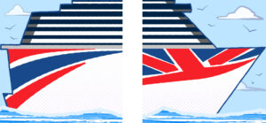 Custom digital illustration of the ship for and aft play panel featuring nautical steering dials and P&O livery.