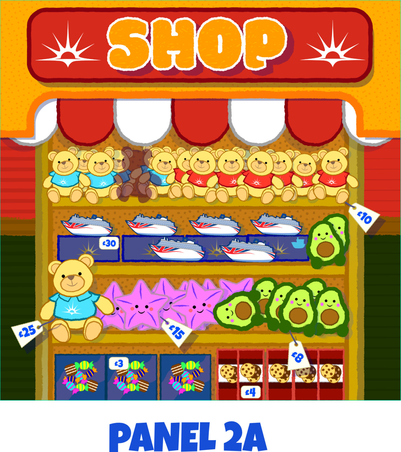 the hand designed panel for p and o featuring the shop with toys and prices for games based on real merchandise